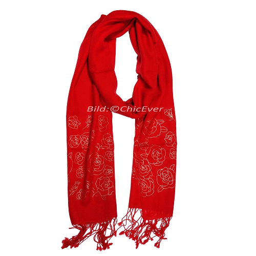Schöner Schal aus 100% Wolle, 40cmx190cm, Rosen-Motiv, rot - zum Schließen ins Bild klicken